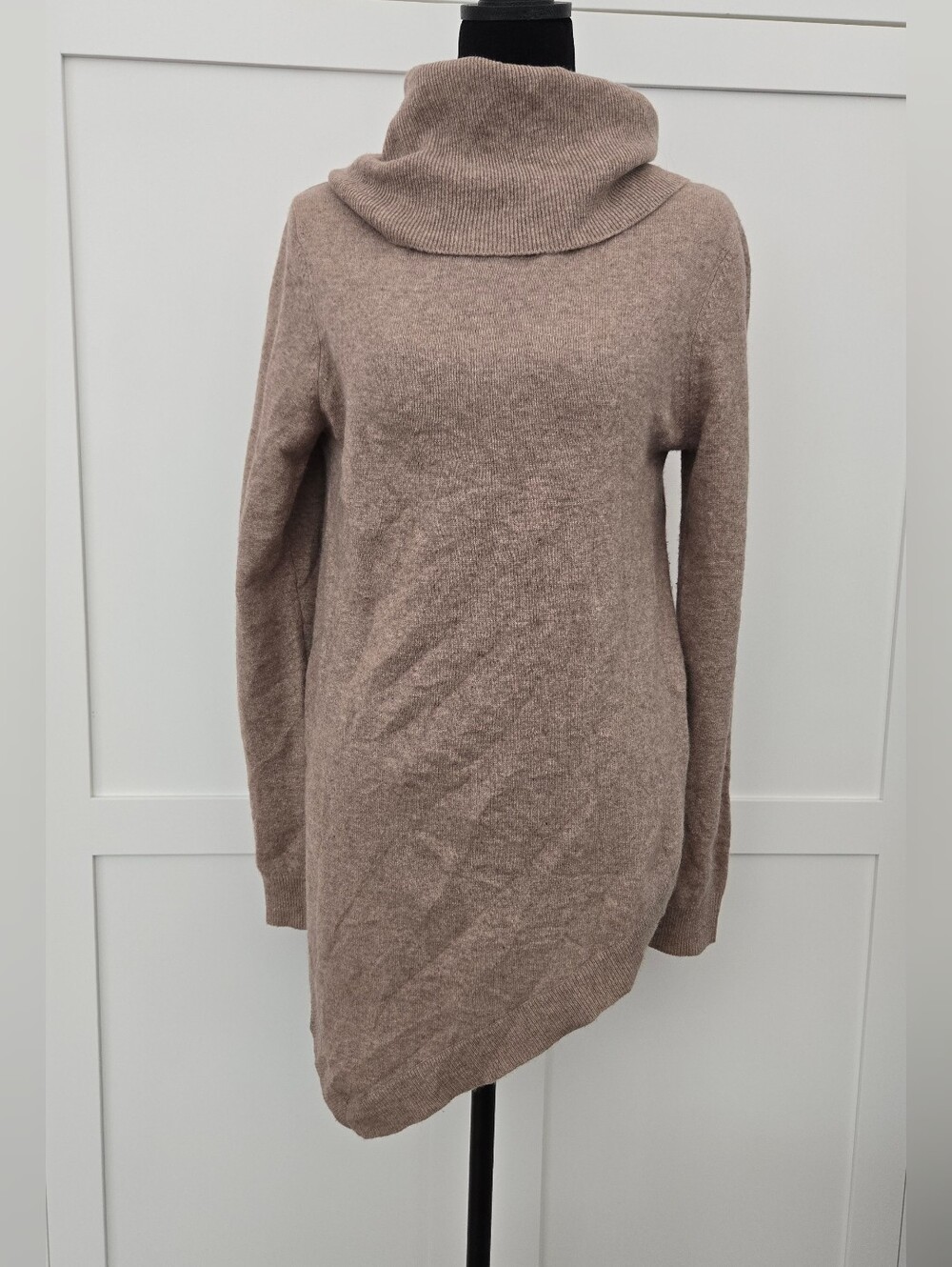 Garnet Hill Cashmere Aymmetrical Sweater Cowl Neck Slouchy Long Sleeve Taupe S